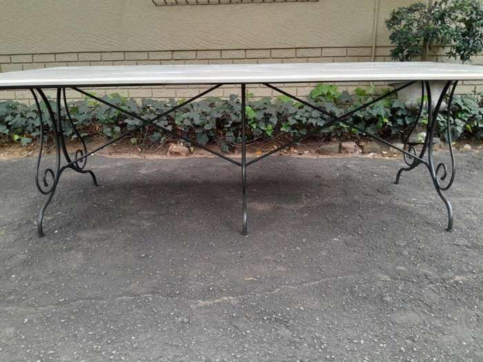 A French Style Custom-Made Wrought Iron Dining Table With Cream Marble Top