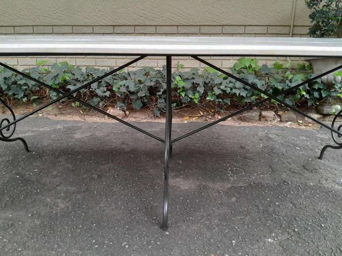 A French Style Custom-Made Wrought Iron Dining Table With Cream Marble Top