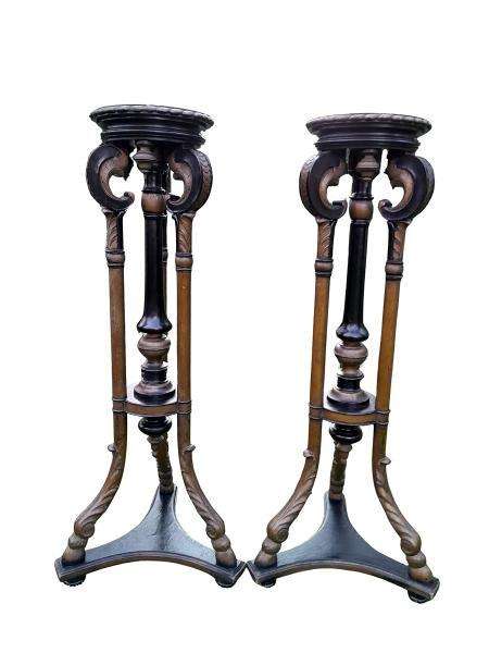 A Rare Pair Or Tall And Ebonised Plinths / Display Stands