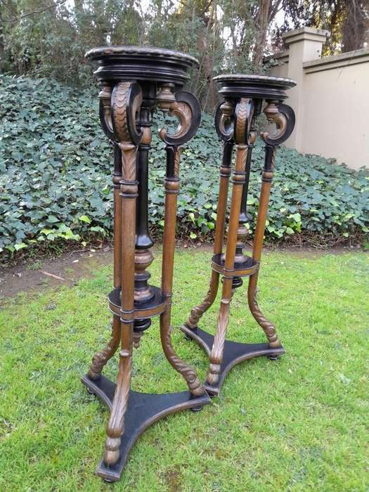 A Rare Pair Or Tall And Ebonised Plinths / Display Stands