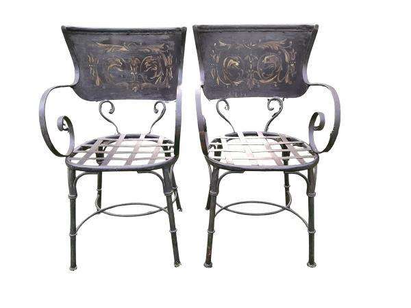 A Rare Pair Of Wrought Iron And Embossed Highly Decorative Chairs With Lattice Seats