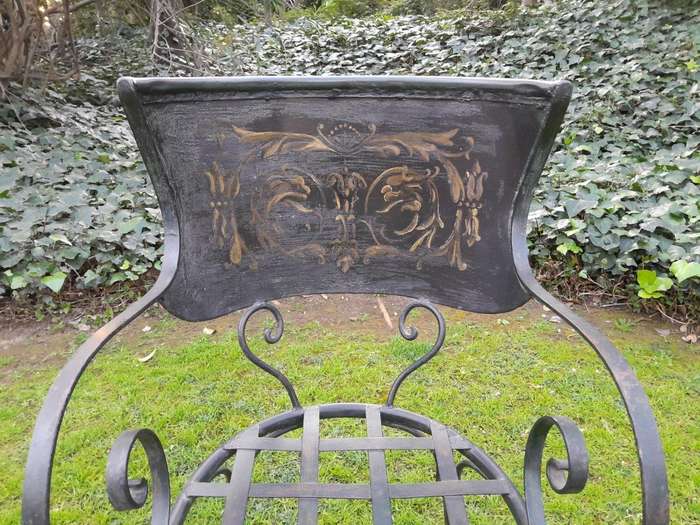 A Rare Pair Of Wrought Iron And Embossed Highly Decorative Chairs With Lattice Seats