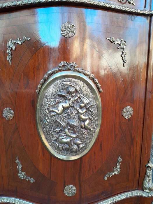 A 20th Century French Louis XV Style Mahogany Credenza With Brass Hardware And Stone Top, Interna...