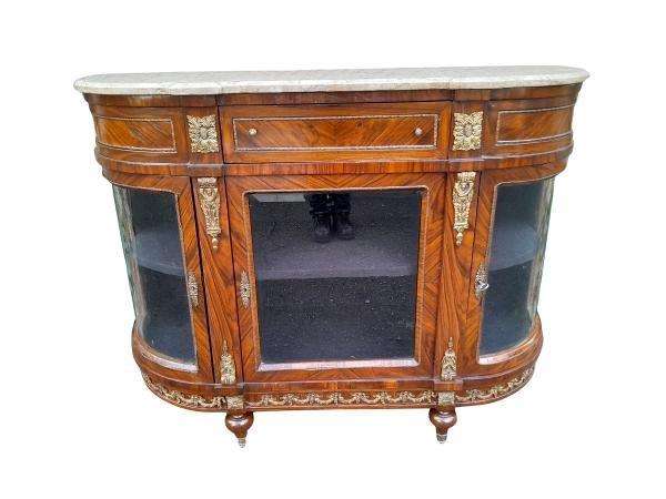 A 20TH Century French Louis XVI Style Rosewood Buffet / Credenza / Drinks Table With Cream Stone Top