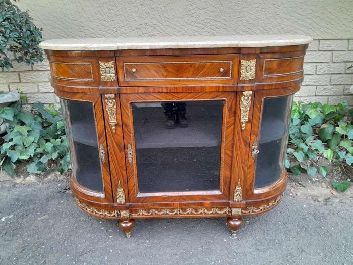 A 20TH Century French Louis XVI Style Rosewood Buffet / Credenza / Drinks Table With Cream Stone Top