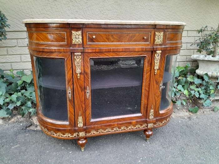 A 20TH Century French Louis XVI Style Rosewood Buffet / Credenza / Drinks Table With Cream Stone Top
