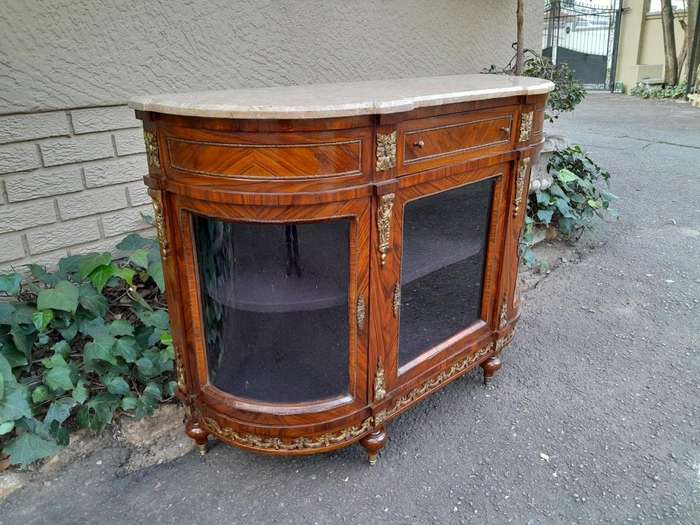 A 20TH Century French Louis XVI Style Rosewood Buffet / Credenza / Drinks Table With Cream Stone Top