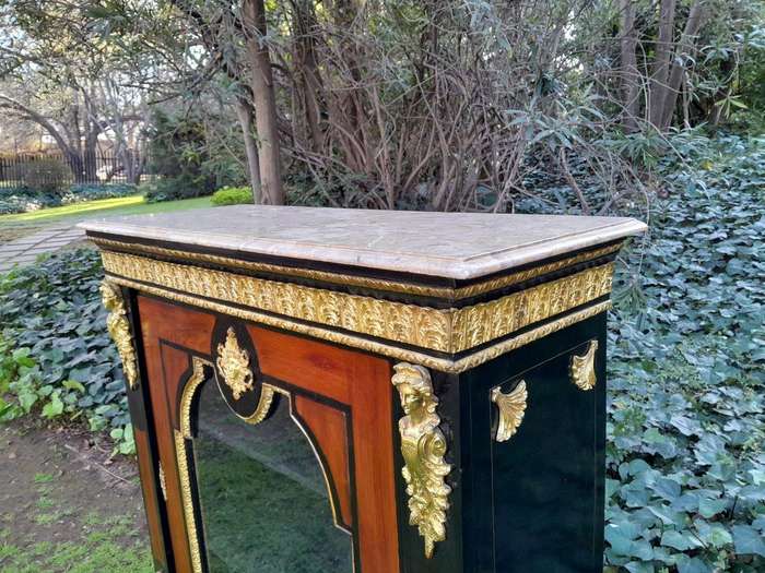 A 20th Century French Style Mahogany And Ebonised Pier Cabinet With Marble Top And Brass Hardware...