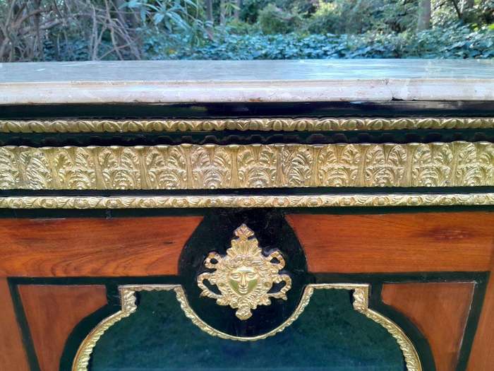 A 20th Century French Style Mahogany And Ebonised Pier Cabinet With Marble Top And Brass Hardware...