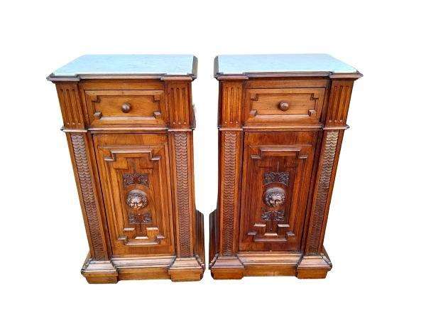 A 20th Century Pair Of French Walnut With Marble Tops Bedside Pedestals With Drawer And Internal ...