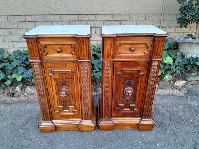 A 20th Century Pair Of French Walnut With Marble Tops Bedside Pedestals With Drawer And Internal ...