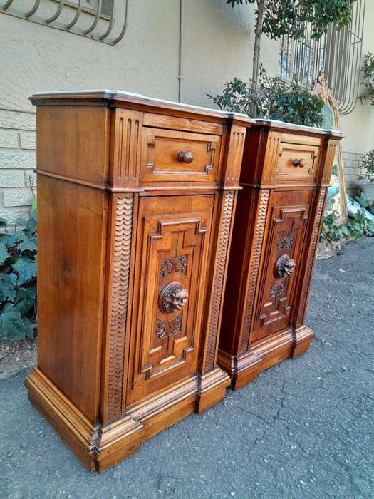 A 20th Century Pair Of French Walnut With Marble Tops Bedside Pedestals With Drawer And Internal ...