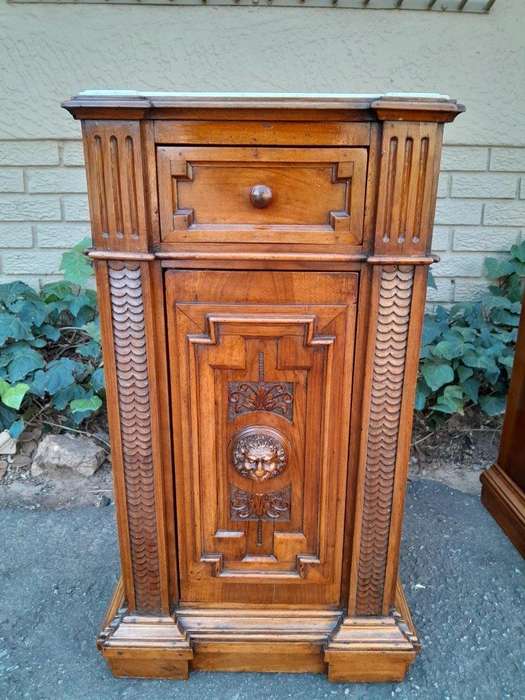 A 20th Century Pair Of French Walnut With Marble Tops Bedside Pedestals With Drawer And Internal ...