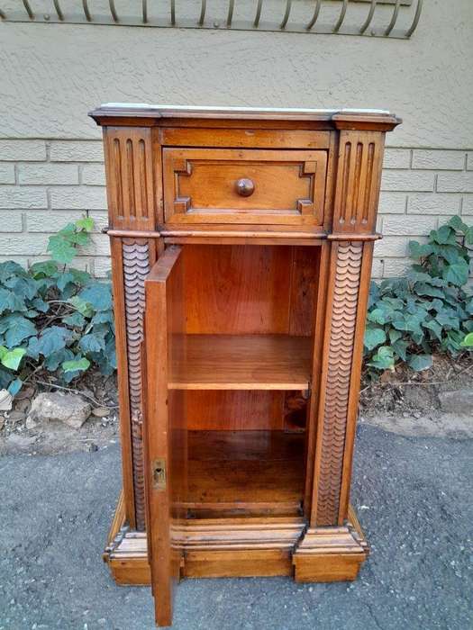 A 20th Century Pair Of French Walnut With Marble Tops Bedside Pedestals With Drawer And Internal ...