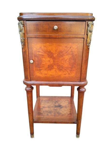 A 19th Century French Inlaid Wooden Bedside Pedestal With Brass Mounts, With Drawer