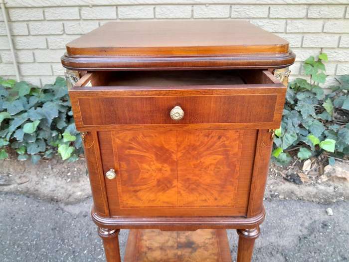 A 19th Century French Inlaid Wooden Bedside Pedestal With Brass Mounts, With Drawer