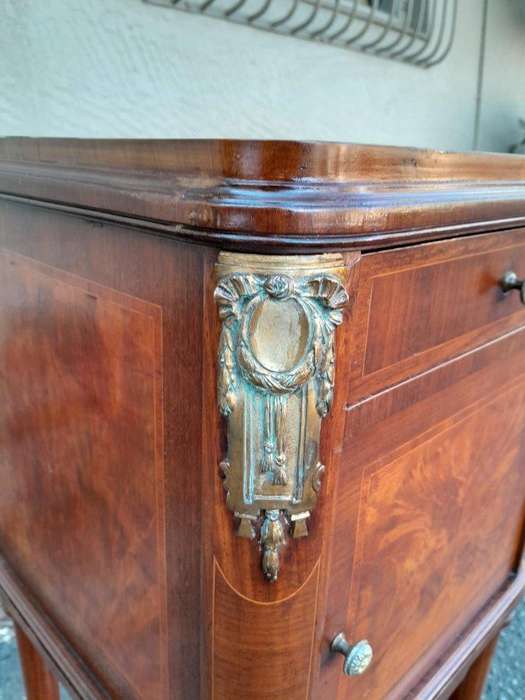 A 19th Century French Inlaid Wooden Bedside Pedestal With Brass Mounts, With Drawer
