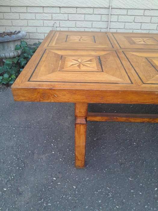 An Antique 19th Century French Oak And Walnut Table With Inlaid Parquetry Top