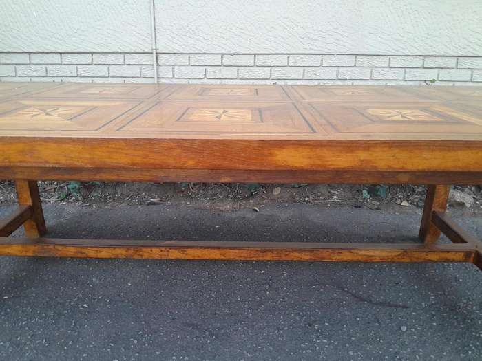 An Antique 19th Century French Oak And Walnut Table With Inlaid Parquetry Top