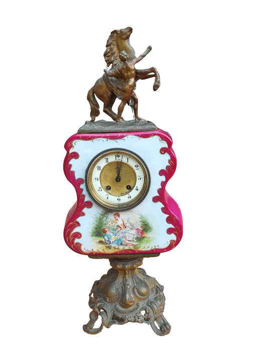 Antique Limoges Porcelain & Bronze Clock With Horse Statue