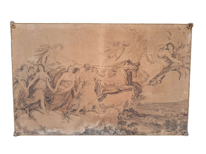 An Antique Tapestry of Aurora Leading the Carriage of Apollo Surrounded by Hours (after Reni) str...