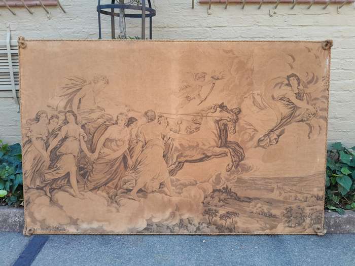 An Antique Tapestry of Aurora Leading the Carriage of Apollo Surrounded by Hours (after Reni) str...