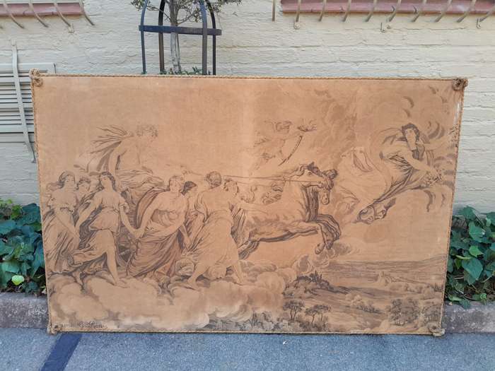 An Antique Tapestry of Aurora Leading the Carriage of Apollo Surrounded by Hours (after Reni) str...