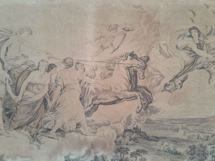 An Antique Tapestry of Aurora Leading the Carriage of Apollo Surrounded by Hours (after Reni) str...