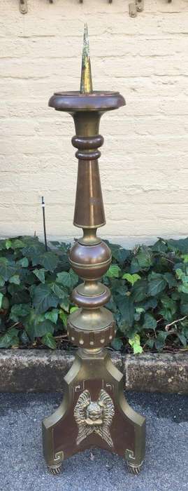 19th Century Very Large & Rare Brass Church Single Candle Holder with Cherub Detail
