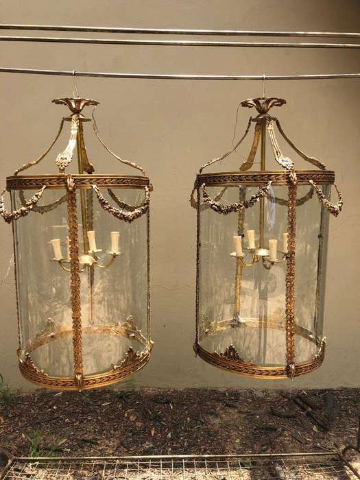 Pair imported glass and brass lanterns