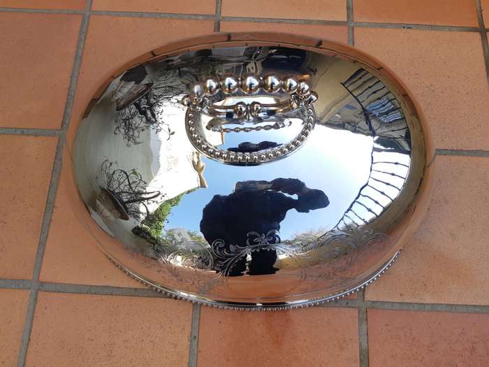 Large oval shaped food dome engraved and with beaded rims and handle