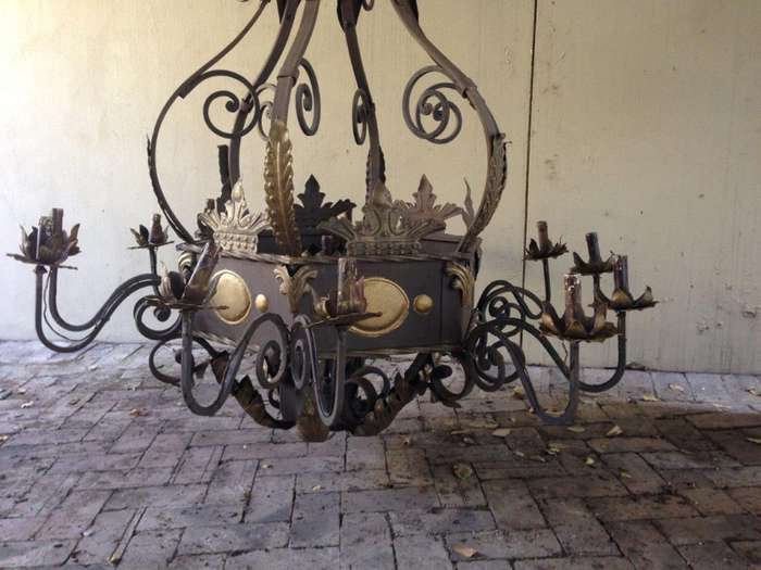 An Imported French Crown Design Wrought Iron Hand Painted Chandelier of Large Proportion