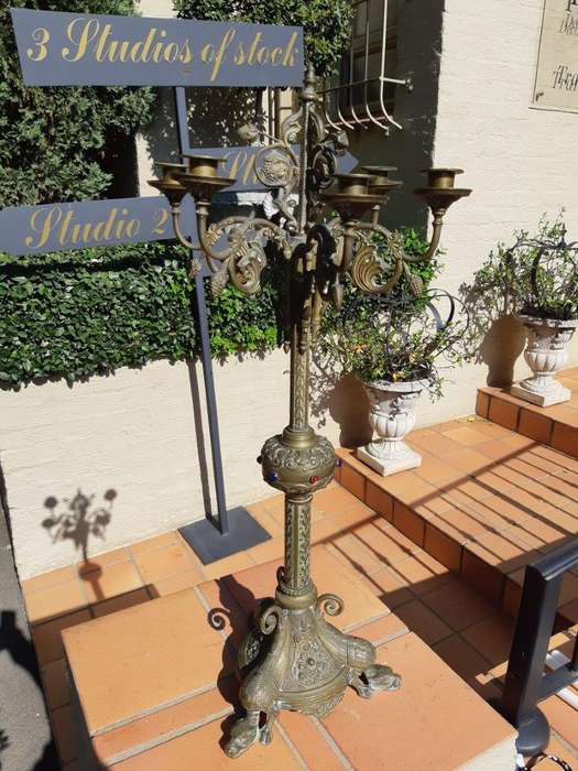 Original Brass Large Church Candelabra With Inlaid Coloured Glass On Dragons Feet Circa 1900