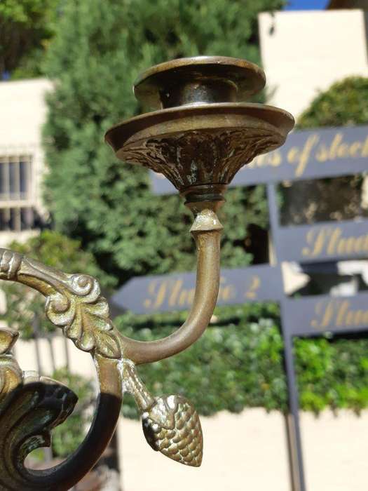 Original Brass Large Church Candelabra With Inlaid Coloured Glass On Dragons Feet Circa 1900