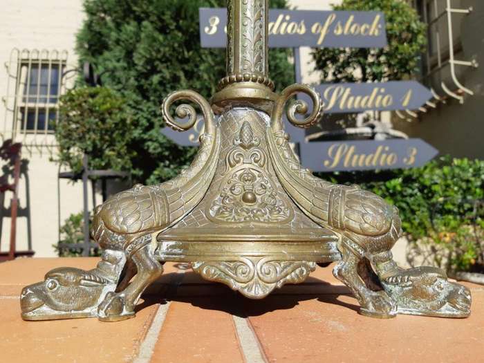 Original Brass Large Church Candelabra With Inlaid Coloured Glass On Dragons Feet Circa 1900