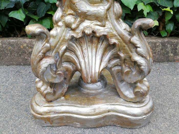 Pair Of Baroque-Style Silvered Wooden Carved Altar Pricket Sticks, 19th Century, Carved With A Pa...