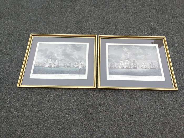 A Very Large Pair Of 20th Century Framed Ship Prints Originally Painted By Richard Paton And Pres...