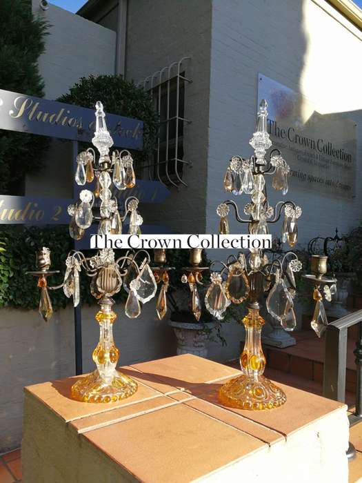 A Pair Of Glass And Metal Lustre Candelabra ND