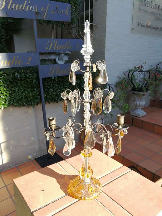 A Pair Of Glass And Metal Lustre Candelabra ND