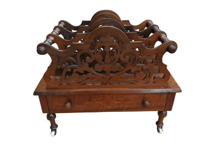 An Edwardian Circa 1905 Mahogany and Inlaid Canterbury with Drawer and on Castors