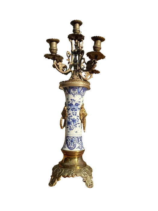 A 20th Century Dutch Delft Porcelain And Brass Candelabra