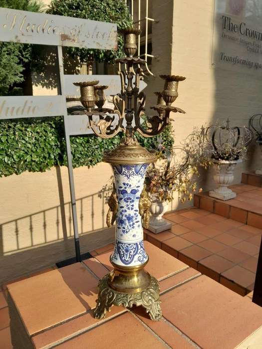 A 20th Century Dutch Delft Porcelain And Brass Candelabra