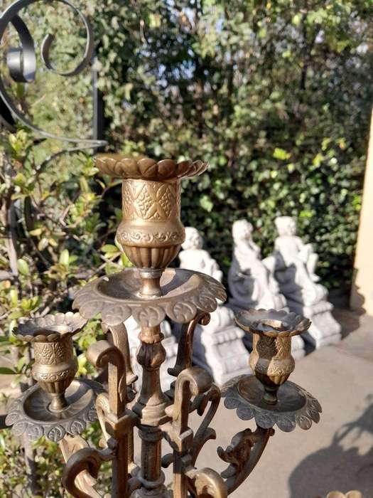 A 20th Century Dutch Delft Porcelain And Brass Candelabra