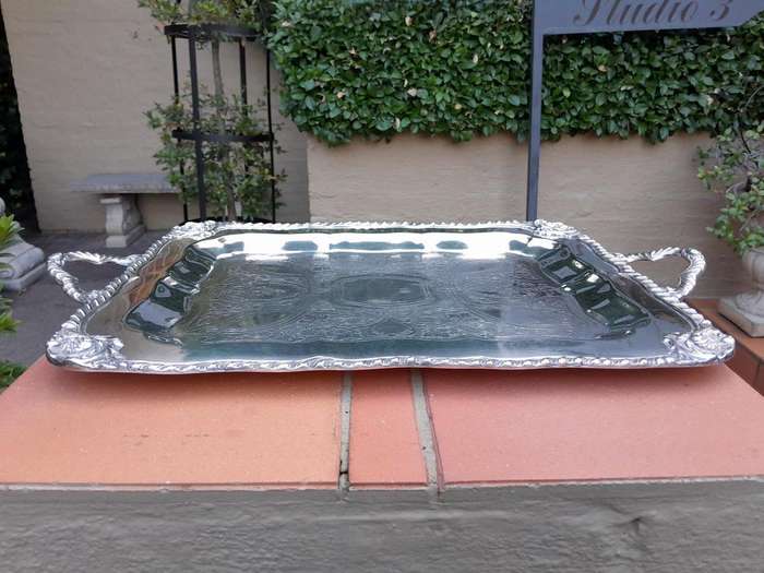 A 20th Century Silver Plate Tray with Gadrooned Handles and Border