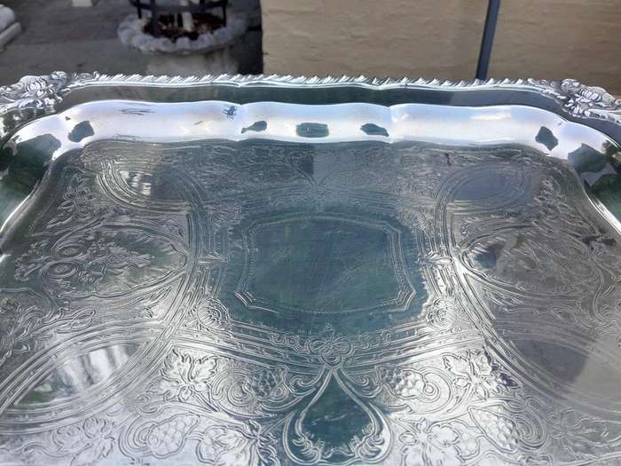 A 20th Century Silver Plate Tray with Gadrooned Handles and Border