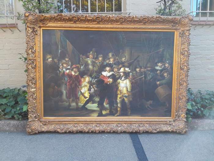 A Massive Painting Of The Night Watch, After Rembrandt Oil On Canvas (By Scott) In An Ornately Ca...