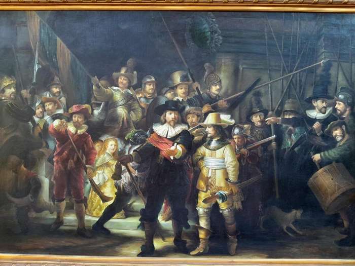 A Massive Painting Of The Night Watch, After Rembrandt Oil On Canvas (By Scott) In An Ornately Ca...