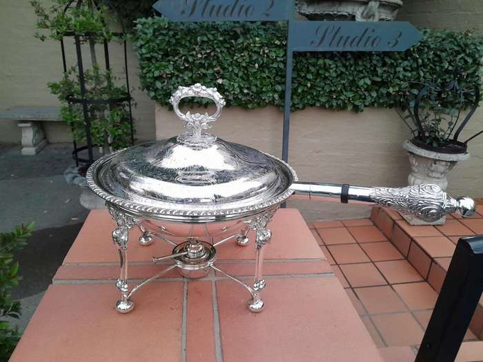 A 19th Century Silver-Plated Chafing Dish with Handle on Stand with Burner