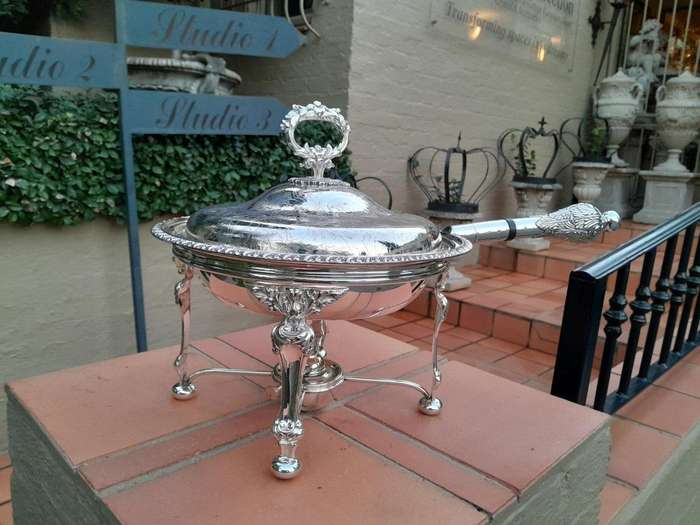 A 19th Century Silver-Plated Chafing Dish with Handle on Stand with Burner