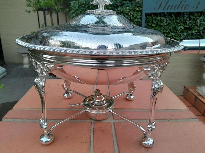 A 19th Century Silver-Plated Chafing Dish with Handle on Stand with Burner